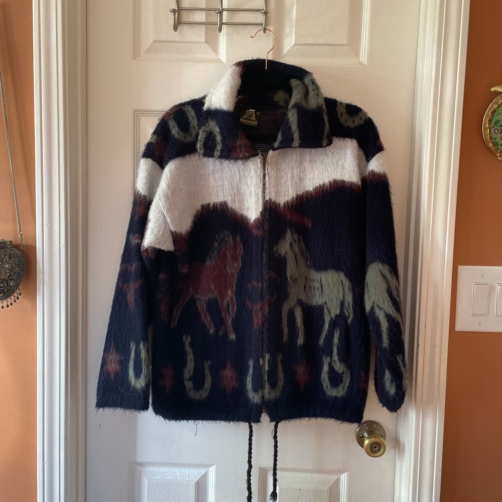 Ruminahui vintage 100% wool Horse zipper sweater jacket small